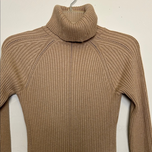 WHBM Camel/Tan Ribbed Pointelle Turtleneck Tunic Sweater - Picture 2 of 12